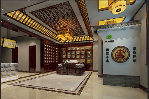河南古朴典雅的中式茶叶店大堂设计效果图